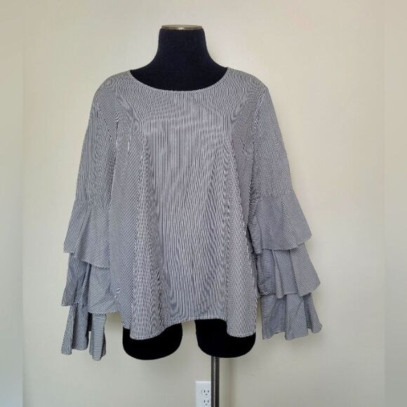 Abound Flutter Sleeve Blouse 100% Cotton Dramatic Striped Career Romantic Large - Picture 1 of 12